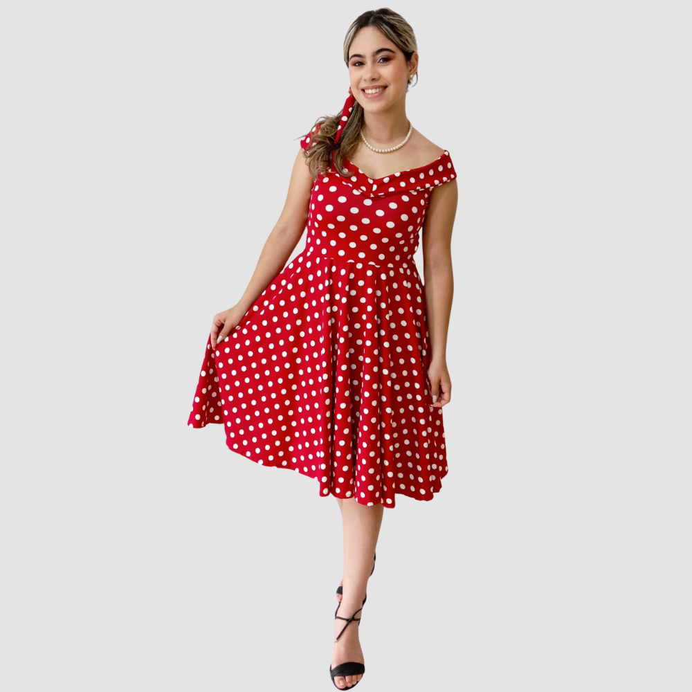 Vestido Poá Anos 60 E 80 Decote V ombro a ombro