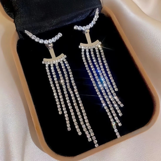 Brincos de cristal com borla longa para mulheres, brincos de pingente de strass elegantes e sofisticados com diamantes