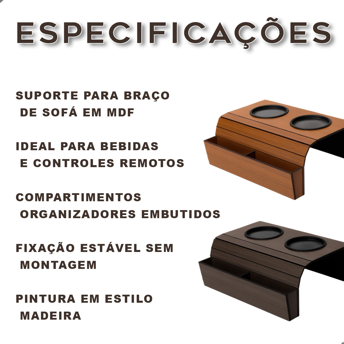 Kit 2 Suportes para Sofá em MDF com Porta Copos e Suporte de Controle