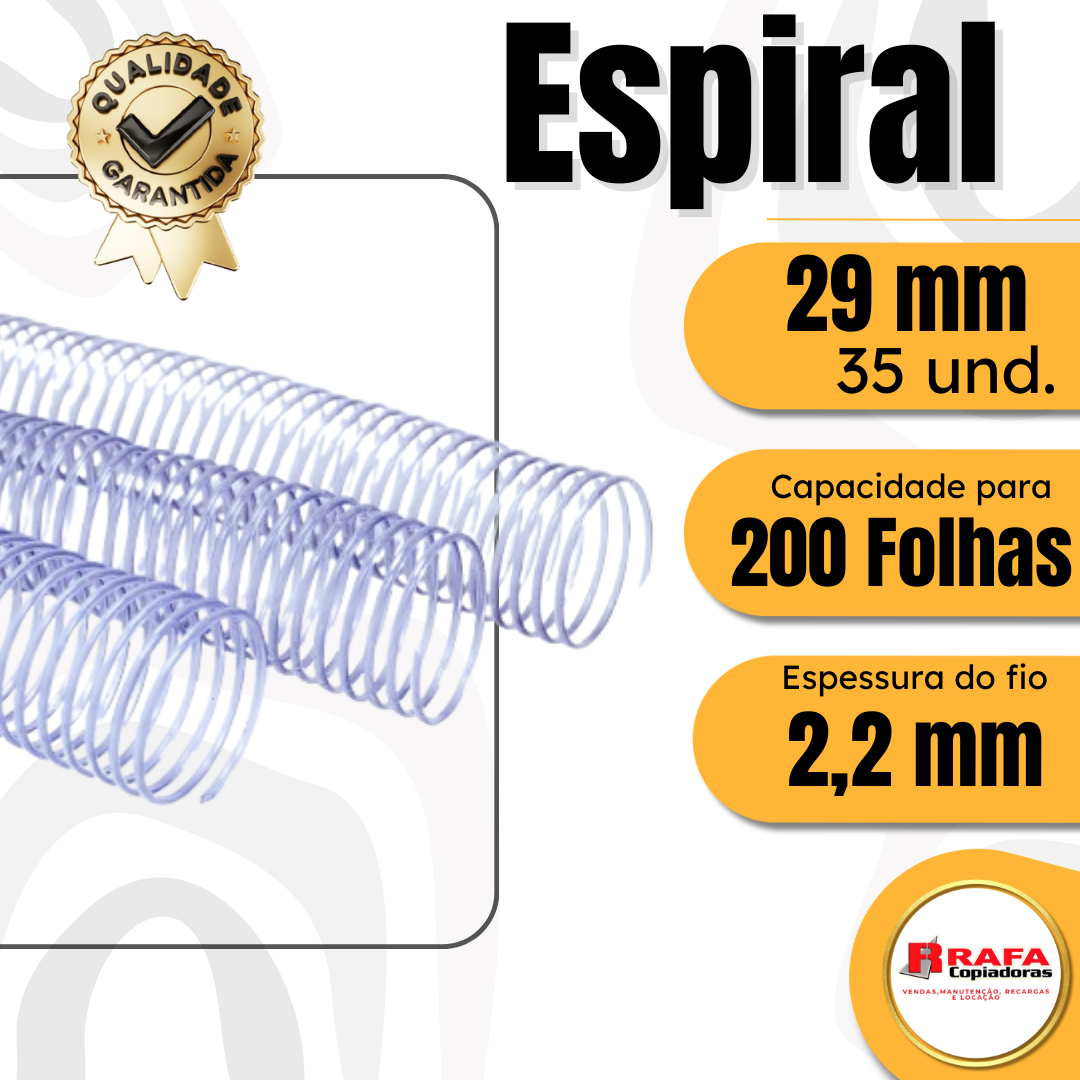 Espiral de Encadernação 29mm Incolor  Para até 200 Folhas   Pacote com 35 Unidades