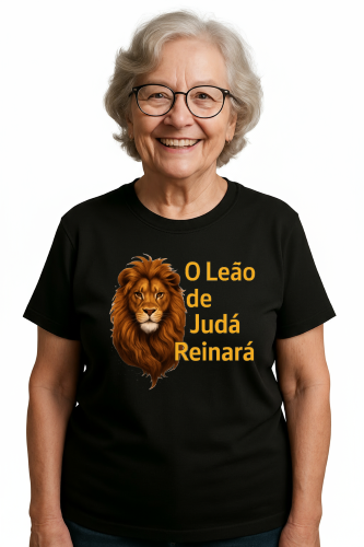 Camiseta Tradicional, Gola Redonda, Casual com Estampa O Leão de Judá Reinará