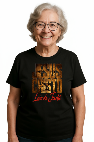 Camiseta Tradicional, Gola Redonda, Casual com Estampa Jesus o Leão
