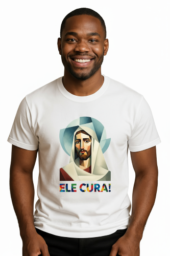 Camiseta Tradicional, Gola Redonda, Casual com Estampa Jesus Cura