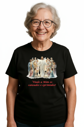 Camiseta Tradicional, Gola Redonda, Casual com Estampa Jesus, Cansados e Oprimidos