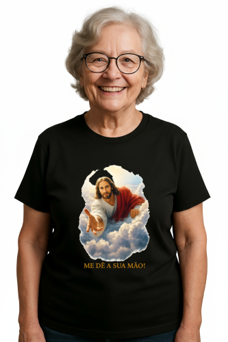 Camiseta Tradicional, Gola Redonda, Casual com Estampa Me Dê a Sua Mão