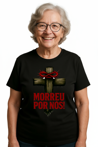 Camiseta Tradicional, Gola Redonda, Casual com Estampa Ele Morreu por Nós