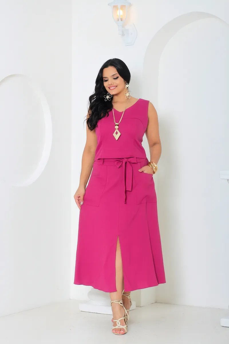 Conjunto Feminino Plus Size em Linho   Saia Longa com Fenda + Regata Confortável