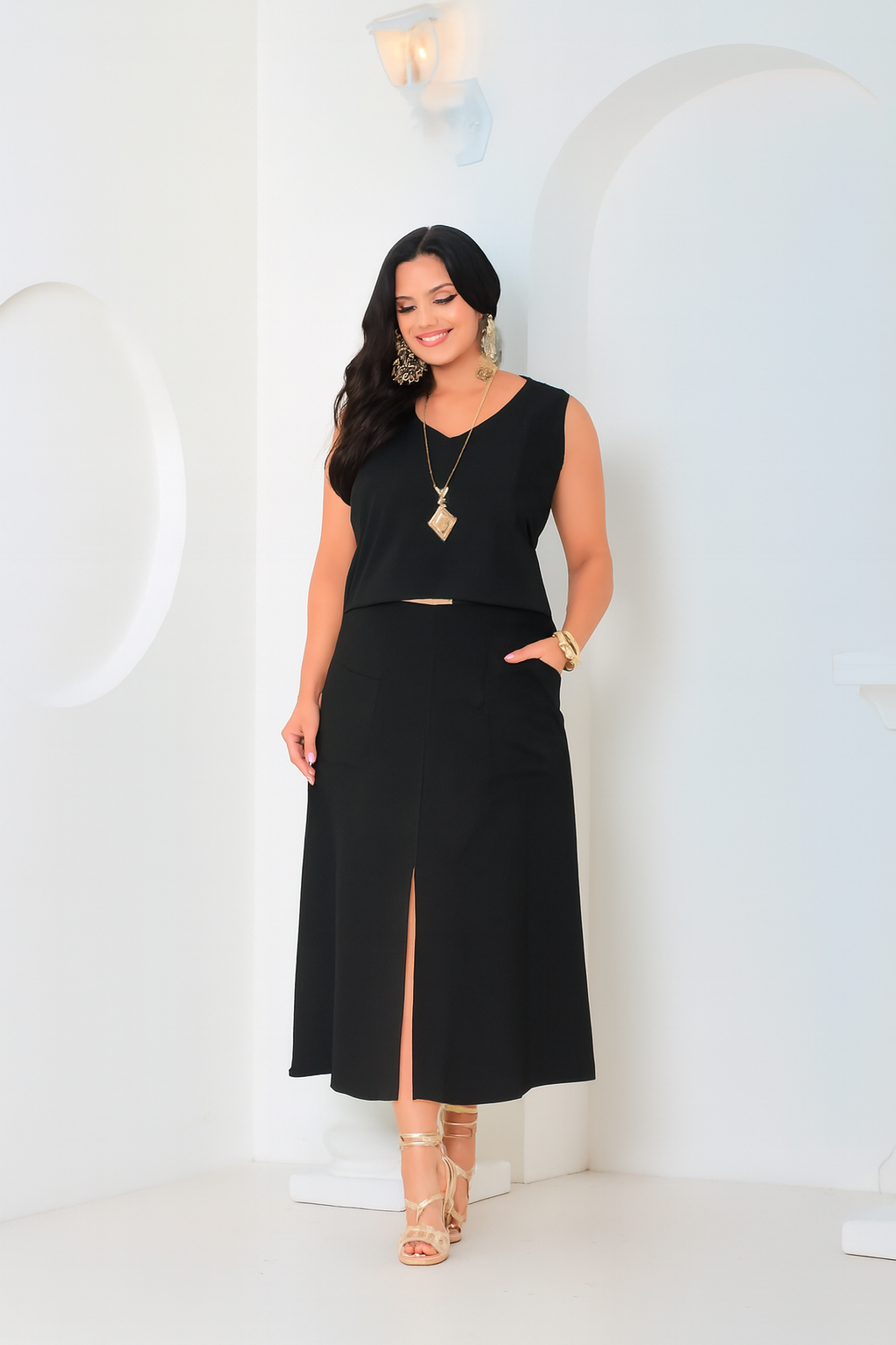 Conjunto Feminino em Linho com Elastano   Saia Longa + Blusa Regata | Tamanho Único 44 ao 50 | Moda Plus Size Elegante