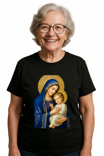 Camiseta Tradicional, Gola Redonda, Casual com Estampa Jesus e Maria