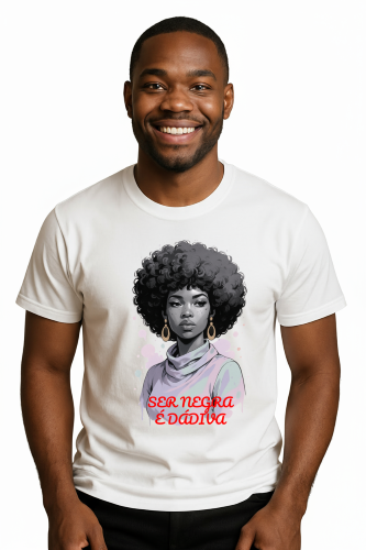 Camiseta Tradicional, Gola Redonda, Casual com Estampa Dádiva Negra