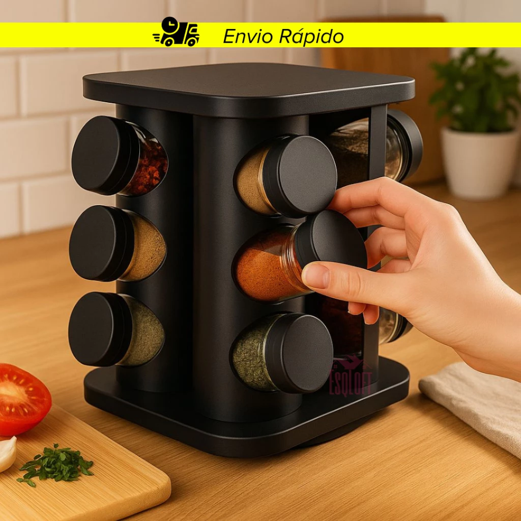 Porta Temperos Profissional Giratório com 12 Potes Vidro com Tampa Dosadora Condimentos Rápido