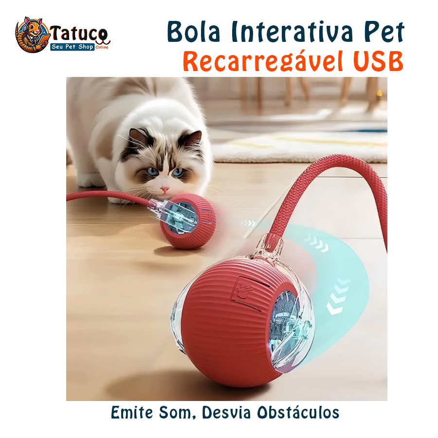 Bola Interativa Inteligente Pet, Gatos e Cachorros Emite Som, Desvia Obstáculos e Recarregável USB