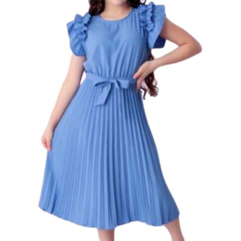 Vestido Juvenil com Saia Plissada Forro e Mangas Franzidas