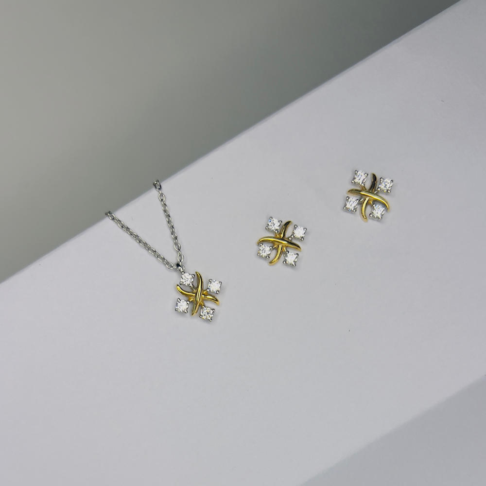 Colar e Brincos Geométrico Tic-Tac-Toe (Bicolor)