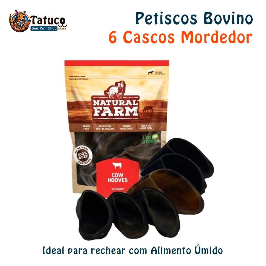 Petisco 6 Cascos Bovino Natural Farm Mordedor para Cães Pet, ideal para rechear com Alimento Úmido