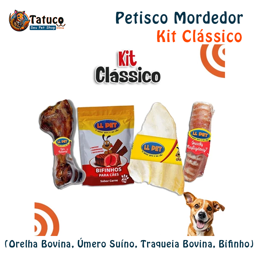 Petisco Natural Mordedor Kit Clássico para Cães(Orelha Bovina, Úmero Suíno, Traqueia Bovina, Bifinho)