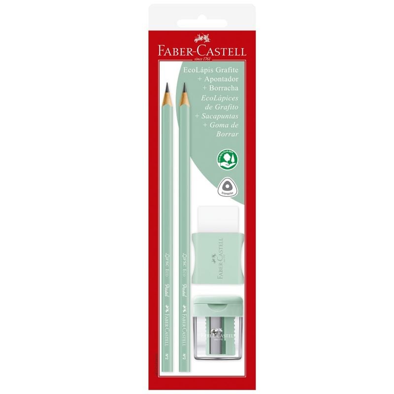KIT 2 ECOLÁPIS GRAFITE + 1 BORRACHA + 1 APONTADOR VERDE ÁGUA FABER-CASTELL