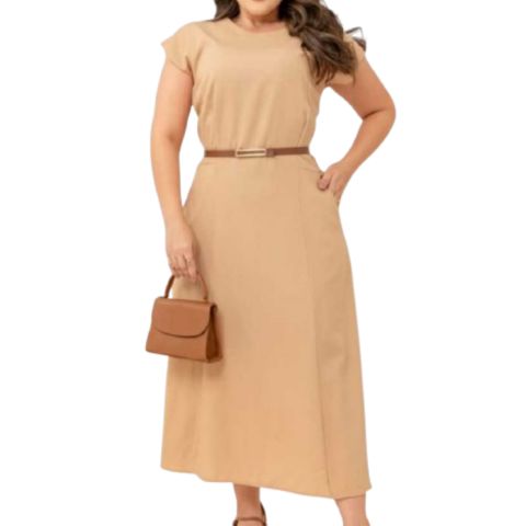 Vestido Ziper Invisivel com Cinto Marrom Plus Size