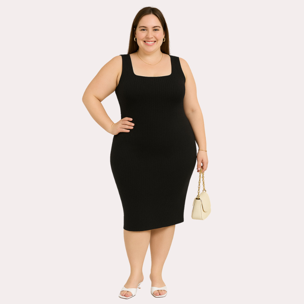 Vestido Feminino Plus Size Midi Alça Regata Modelado Decote Quadrado GG ao G3