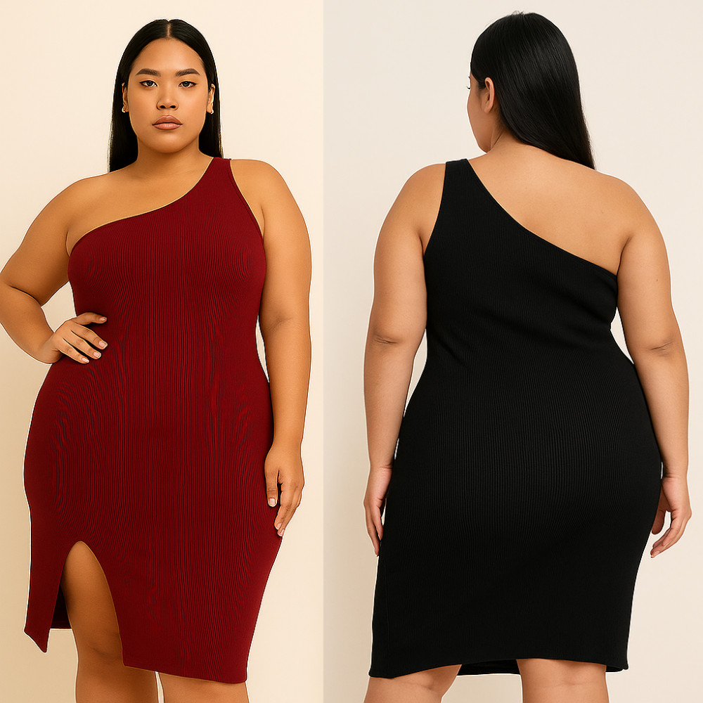 Kit 2 Vestido Feminino Plus Size Midi com Fenda Lateral Alça Regata Um Ombro Manga Nula Mula Manca GG ao G3 Canelado