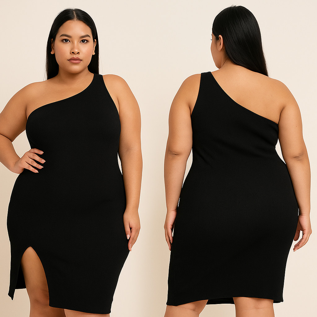 Vestido Feminino Plus Size Midi com Fenda Lateral Alça Regata Um Ombro Manga Nula Mula Manca GG ao G3 Canelado