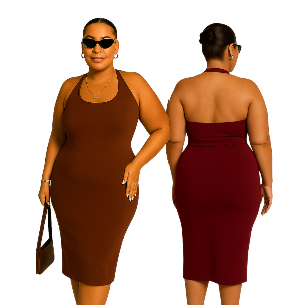 Kit 2 Vestidos Feminino Plus Size Midi Frente Unica com Costas Nua GG ao G3 Canelado