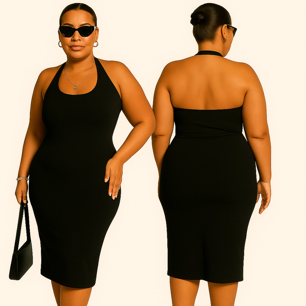 Vestido Feminino Plus Size Midi Frente Unica com Costas Nua GG ao G3 Canelado