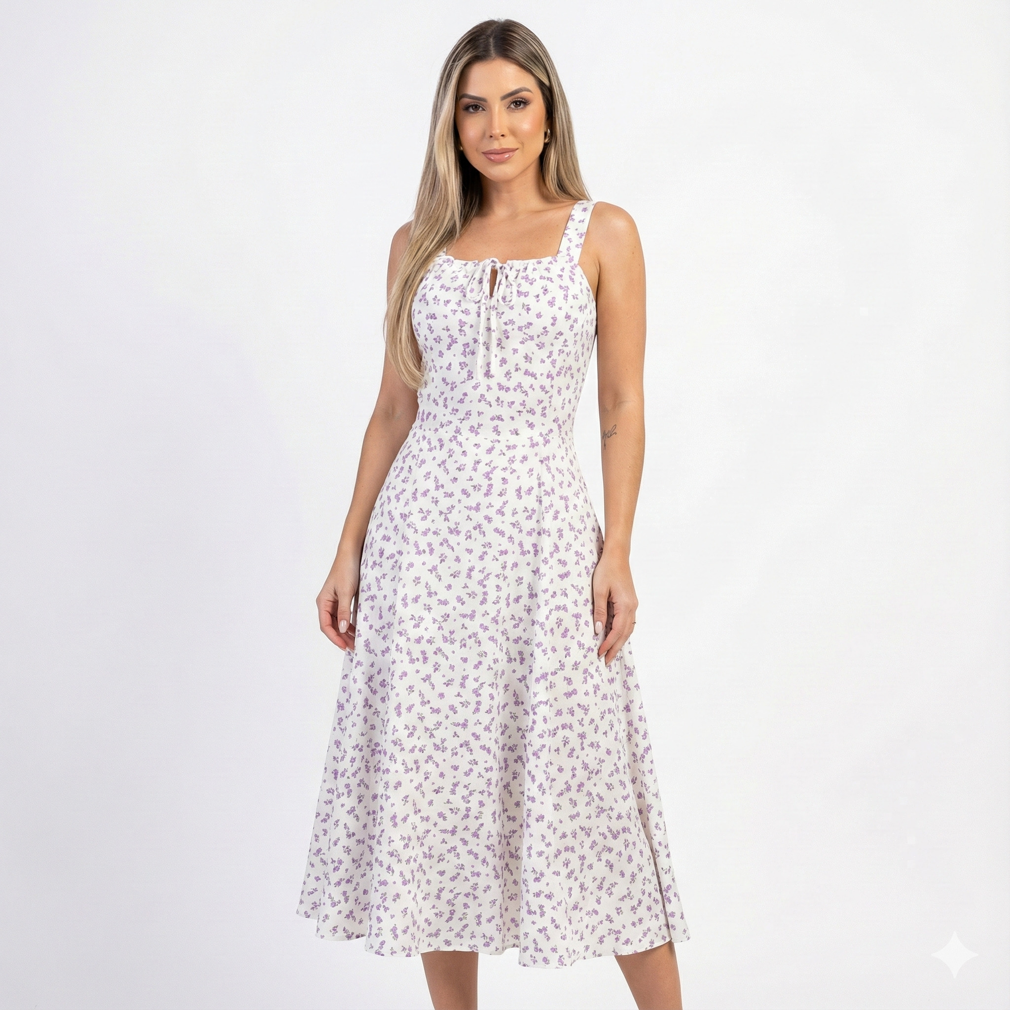 Vestido Feminino Midi Branco Lunare Floral Fenda Lateral Laço Busto