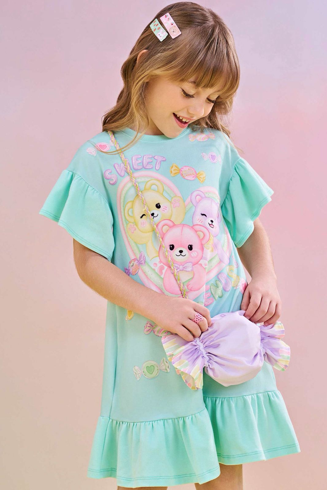 Vestido em Meia Malha  Acompanha Bolsa Infanti Infantil Menina