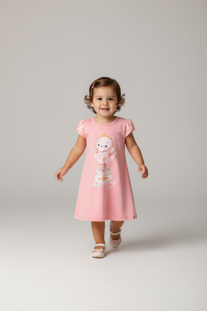 Vestido em Cotton Ursinha Bailarina  Infanti Bebê Menina