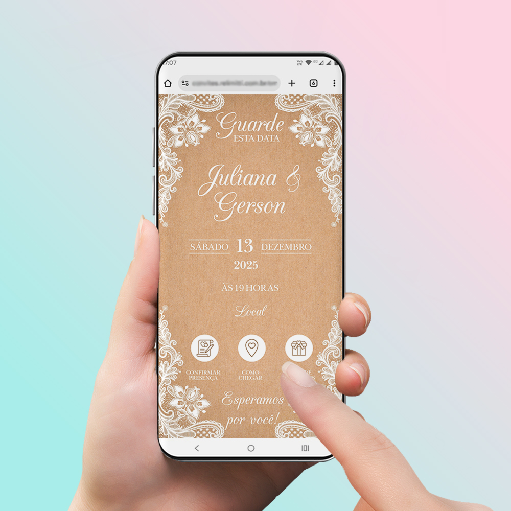 Convite Interativo Casamento Rústico Chique Kraft com Renda