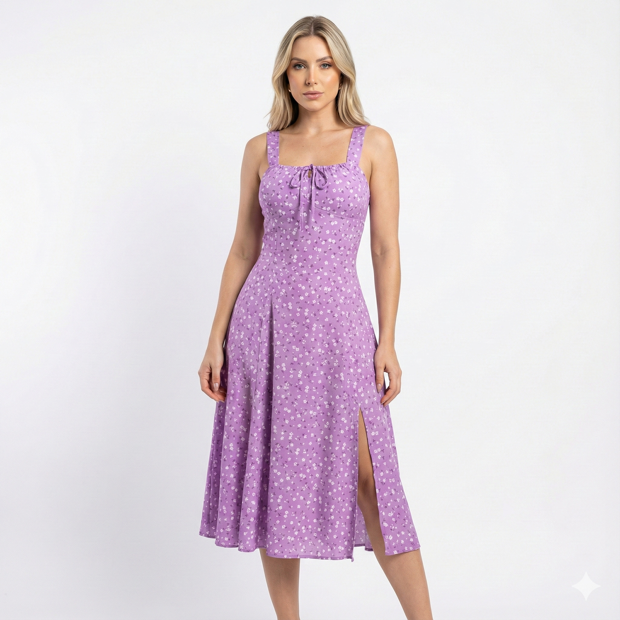 Vestido Feminino Midi Lilas Lunare Floral Fenda Lateral Laço Busto