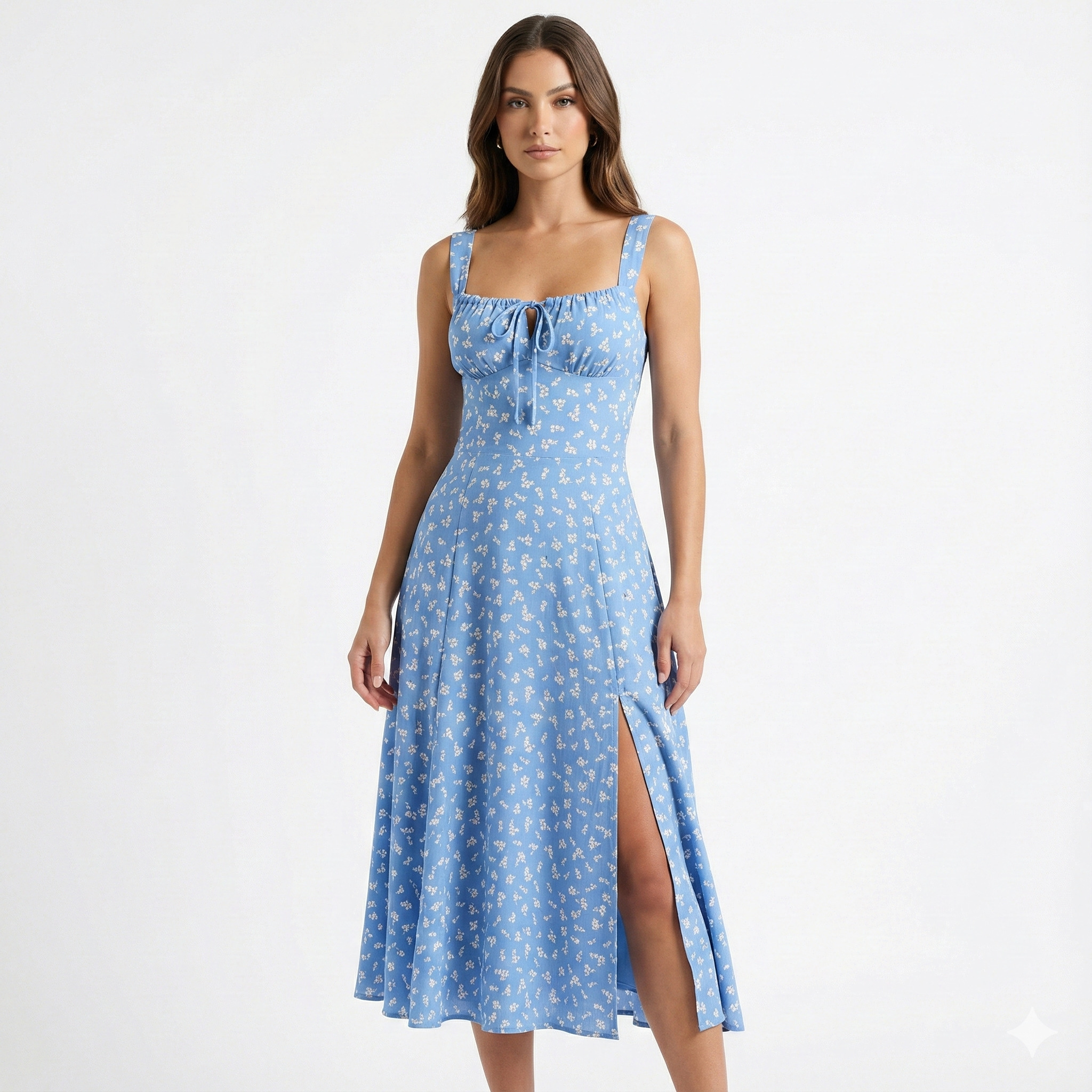 Vestido Feminino Midi Azul bebe Lunare Floral Fenda Lateral Laço Busto