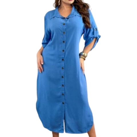 Vestido Midi Chemise Viscolinho Manga 3-4 Plus Size