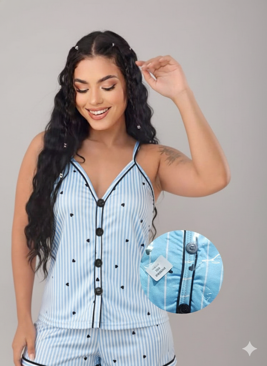 PIJAMA ALÇA ESTAMPADO BLUE DE CORAÇÕES