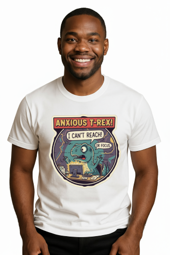 Camiseta Tradicional, Gola Redonda, Casual com Estampa Anxious T-Rex