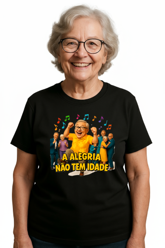 Camiseta Tradicional, Gola Redonda, Casual com Estampa Alegria não tem Idade