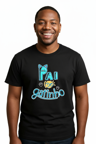 Camiseta Tradicional, Gola Redonda, Casual com Estampa Pai de Gatinho