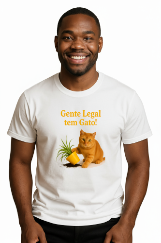 Camiseta Tradicional, Gola Redonda, Casual com Estampa Gente Legal Tem Gato