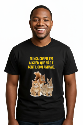 Camiseta Tradicional, Gola Redonda, Casual com Estampa Gentil Com Animais
