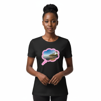 Camiseta Tradicional, Gola Redonda, Casual com Estampa Praia Rosa