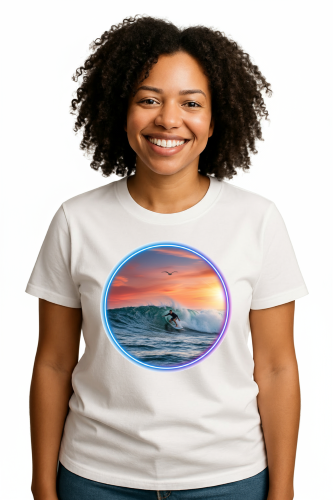 Camiseta Tradicional, Gola Redonda, Casual com Estampa Surfando