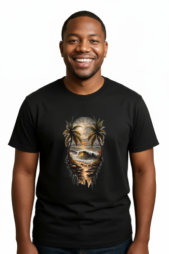 Camiseta Tradicional, Gola Redonda, Casual com Estampa Luar Sobre o Mar