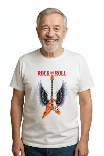 Camiseta Tradicional, Gola Redonda, Casual com Estampa Guitarra com Asas