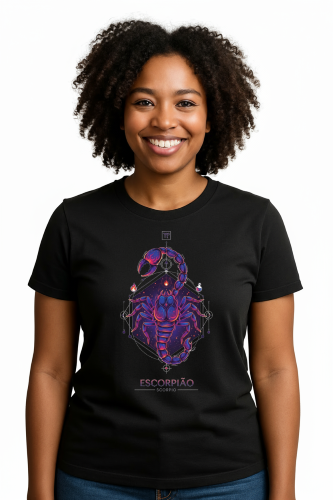 Camiseta Tradicional, Gola Redonda, Casual com Estampa Escorpião