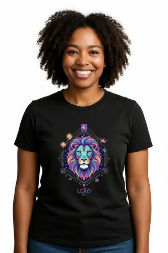 Camiseta Tradicional, Gola Redonda, Casual com Estampa Enxergue Leão