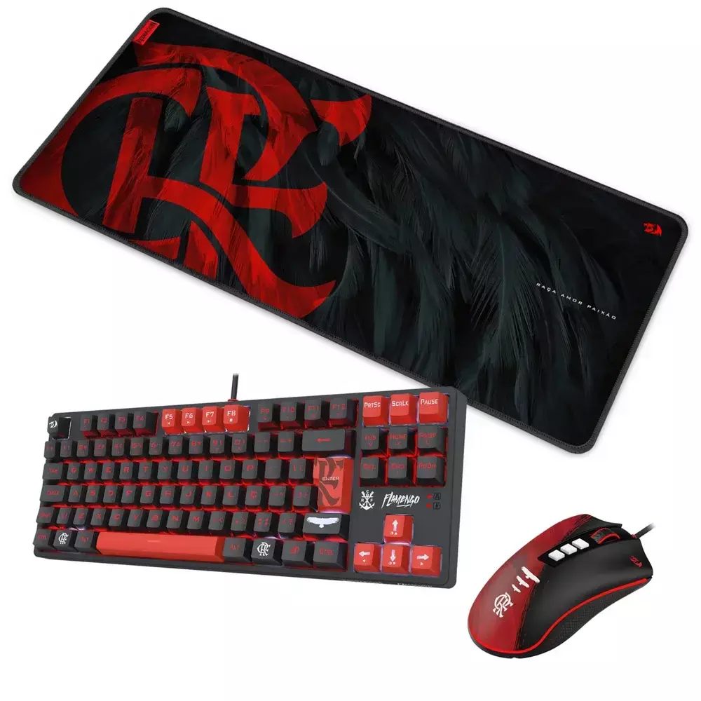 Combo Gamer Redragon Flamengo Teclado Mecâncio 80% Switch Brown + Mouse 12.400 DPI Sensor Pixart PAW3327+Mousepad Grande