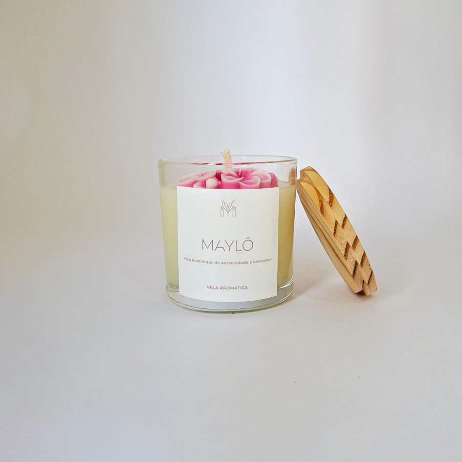 Vela aromática copo 265ml com flor - Personalizada