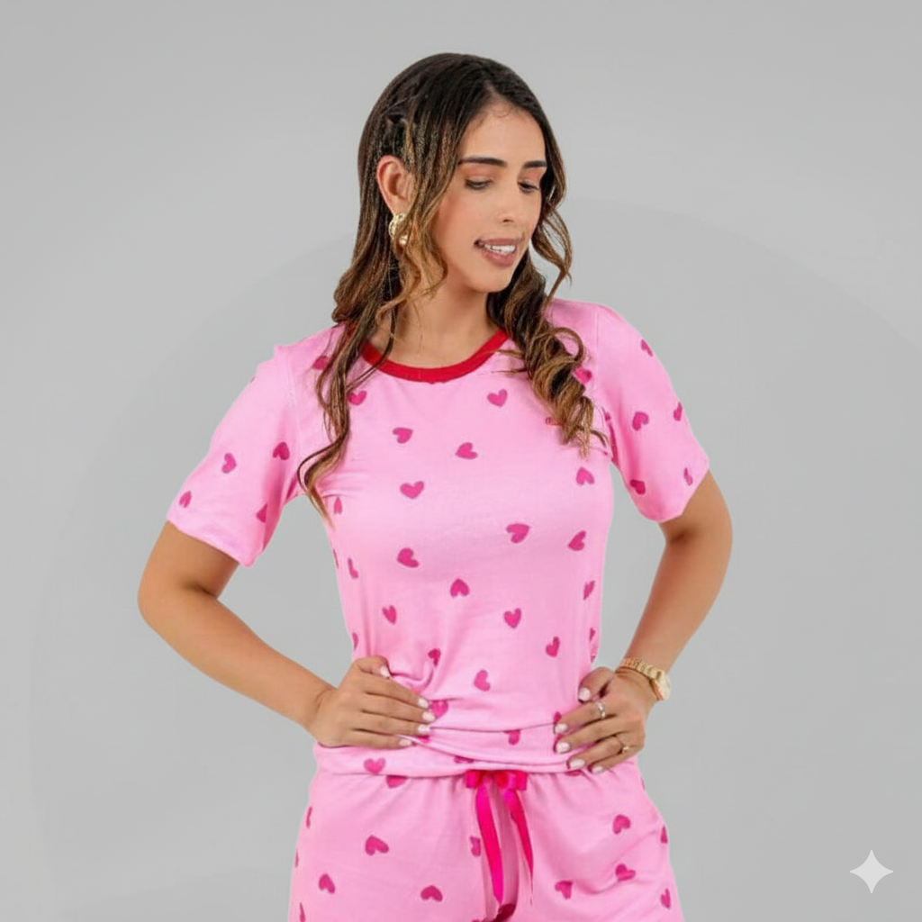 PIJAMA MANGA CURTA - CORAÇÃO ROSA