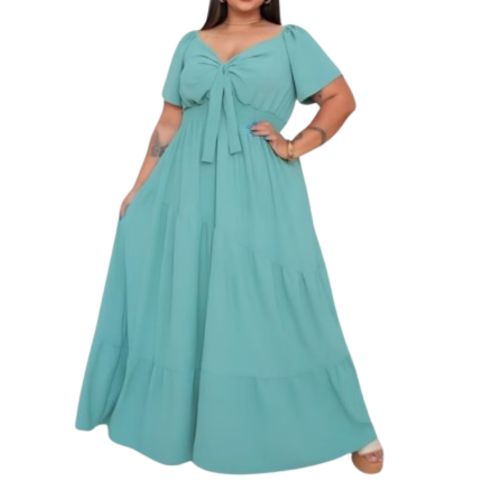 Vestido Longo De Laço Em Decote V Plus Size